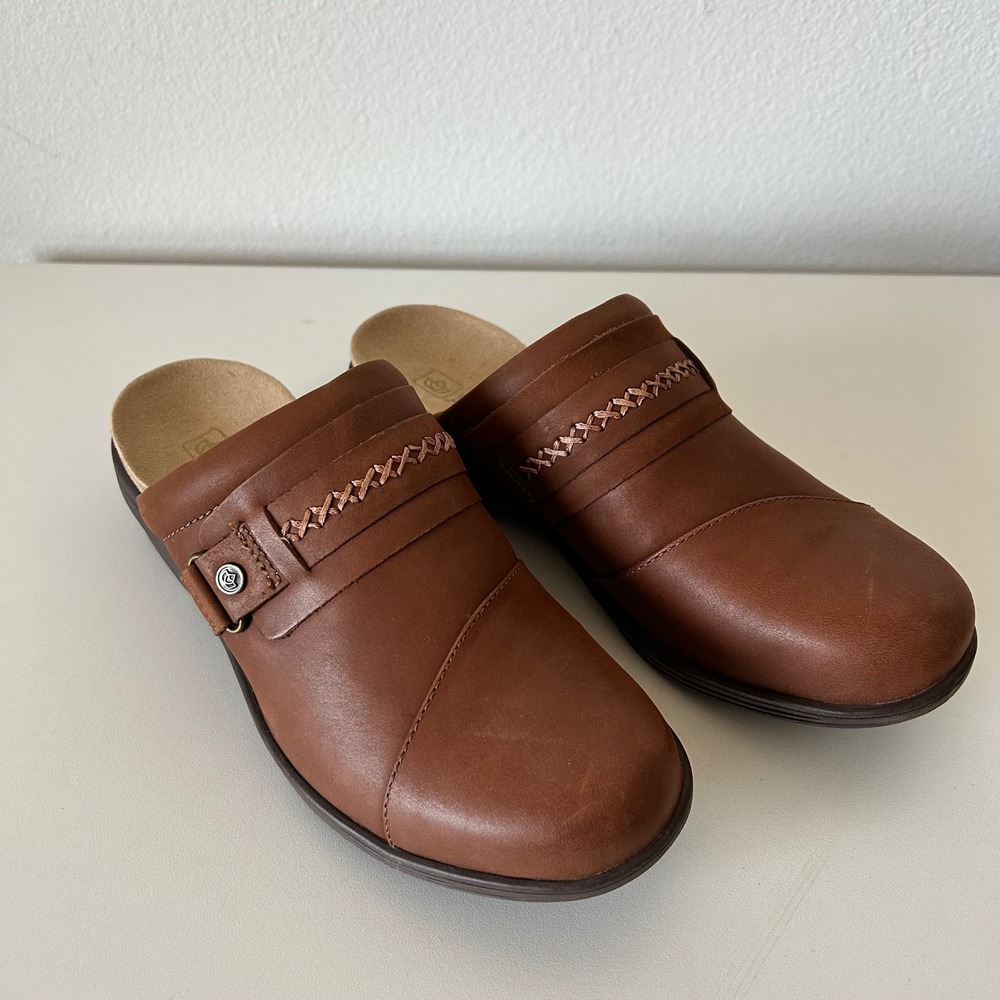 Spenco Women Brown Leather Orthotic Mules Whipstitch Detail Slip On Clogs 8.5M